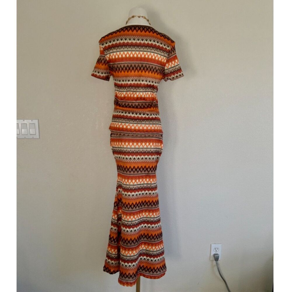 2-Piece Brown & Orange Geometric Print Top & Mermaid Maxi Skirt Coord Set - Picture 5 of 10